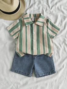 SHEIN Vintaside Kids Baby Boy Green Summer Casual Vacation Holiday Outfit,Striped Short Sleeve Polo Shirt And Fashion Washed Denim Shorts Set,Resort Gathering Outfit