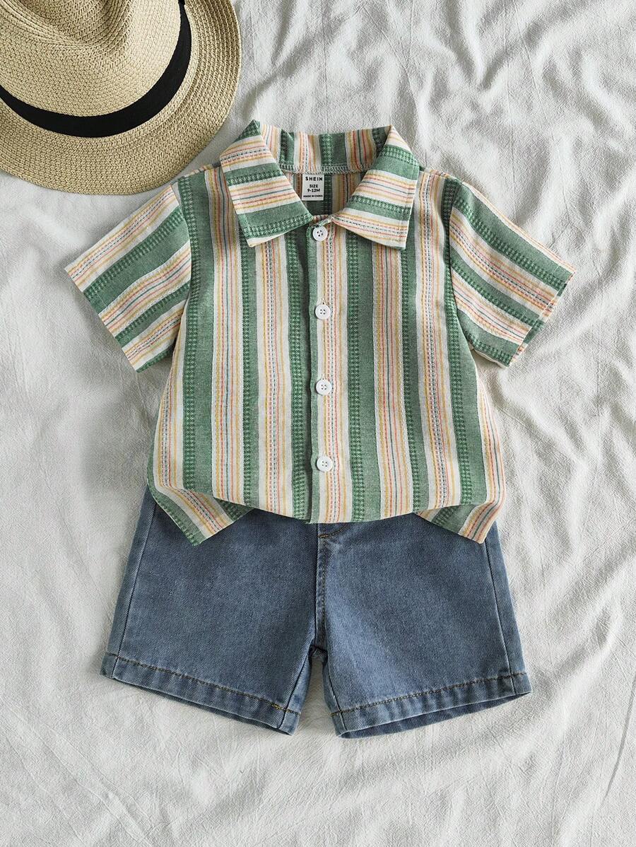 SHEIN Vintaside Kids Baby Boy Green Summer Casual Vacation Holiday Outfit,Striped Short Sleeve Polo Shirt And Fashion Washed Denim Shorts Set,Resort Gathering Outfit