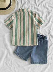 SHEIN Vintaside Kids Baby Boy Green Summer Casual Vacation Holiday Outfit,Striped Short Sleeve Polo Shirt And Fashion Washed Denim Shorts Set,Resort Gathering Outfit