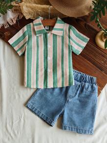 SHEIN Vintaside Kids Baby Boy Green Summer Casual Vacation Holiday Outfit,Striped Short Sleeve Polo Shirt And Fashion Washed Denim Shorts Set,Resort Gathering Outfit