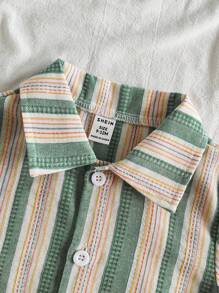 SHEIN Vintaside Kids Baby Boy Green Summer Casual Vacation Holiday Outfit,Striped Short Sleeve Polo Shirt And Fashion Washed Denim Shorts Set,Resort Gathering Outfit