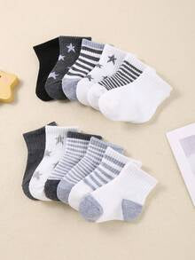 24/12/5 Pairs Grey Series Baby Socks, Striped, Pentagram, Cartoon, Dinosaur Patterns. Simple Casual Style, Matching All Outfits, Suitable For All Seasons. Baby Socks, Newborn Essentials, Infant Socks, Toddler Socks.