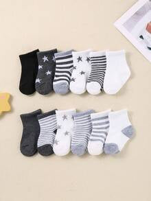 24/12/5 Pairs Grey Series Baby Socks, Striped, Pentagram, Cartoon, Dinosaur Patterns. Simple Casual Style, Matching All Outfits, Suitable For All Seasons. Baby Socks, Newborn Essentials, Infant Socks, Toddler Socks.