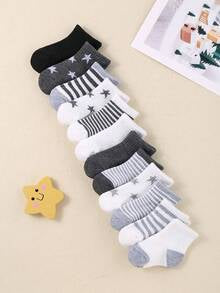 24/12/5 Pairs Grey Series Baby Socks, Striped, Pentagram, Cartoon, Dinosaur Patterns. Simple Casual Style, Matching All Outfits, Suitable For All Seasons. Baby Socks, Newborn Essentials, Infant Socks, Toddler Socks.