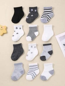 24/12/5 Pairs Grey Series Baby Socks, Striped, Pentagram, Cartoon, Dinosaur Patterns. Simple Casual Style, Matching All Outfits, Suitable For All Seasons. Baby Socks, Newborn Essentials, Infant Socks, Toddler Socks.