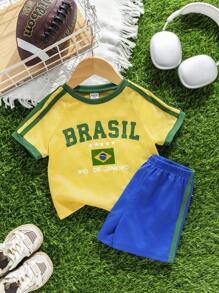 Bubblio 2pcs/Set Baby Boy/Girl Brazil Team Inspired Sports Jersey Outfit - Breathable, Sweat-Wicking Short Sleeve T-Shirt And Shorts Set, Suitable For Indoor, Outdoor, Daily Wear, Sports, Play, Party, Photo Shoot, Vacation, Match - Spring/Summer