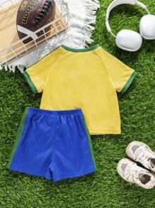 Bubblio 2pcs/Set Baby Boy/Girl Brazil Team Inspired Sports Jersey Outfit - Breathable, Sweat-Wicking Short Sleeve T-Shirt And Shorts Set, Suitable For Indoor, Outdoor, Daily Wear, Sports, Play, Party, Photo Shoot, Vacation, Match - Spring/Summer