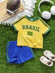 Bubblio 2pcs/Set Baby Boy/Girl Brazil Team Inspired Sports Jersey Outfit - Breathable, Sweat-Wicking Short Sleeve T-Shirt And Shorts Set, Suitable For Indoor, Outdoor, Daily Wear, Sports, Play, Party, Photo Shoot, Vacation, Match - Spring/Summer