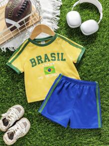Bubblio 2pcs/Set Baby Boy/Girl Brazil Team Inspired Sports Jersey Outfit - Breathable, Sweat-Wicking Short Sleeve T-Shirt And Shorts Set, Suitable For Indoor, Outdoor, Daily Wear, Sports, Play, Party, Photo Shoot, Vacation, Match - Spring/Summer