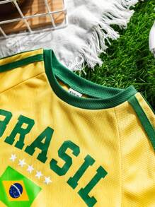 Bubblio 2pcs/Set Baby Boy/Girl Brazil Team Inspired Sports Jersey Outfit - Breathable, Sweat-Wicking Short Sleeve T-Shirt And Shorts Set, Suitable For Indoor, Outdoor, Daily Wear, Sports, Play, Party, Photo Shoot, Vacation, Match - Spring/Summer