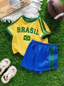 Bubblio 2pcs/Set Baby Boy/Girl Brazil Team Inspired Sports Jersey Outfit - Breathable, Sweat-Wicking Short Sleeve T-Shirt And Shorts Set, Suitable For Indoor, Outdoor, Daily Wear, Sports, Play, Party, Photo Shoot, Vacation, Match - Spring/Summer