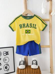Bubblio 2pcs/Set Baby Boy/Girl Brazil Team Inspired Sports Jersey Outfit - Breathable, Sweat-Wicking Short Sleeve T-Shirt And Shorts Set, Suitable For Indoor, Outdoor, Daily Wear, Sports, Play, Party, Photo Shoot, Vacation, Match - Spring/Summer