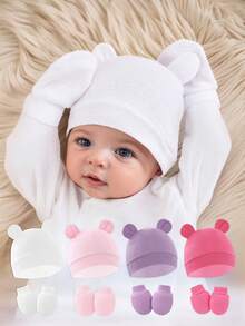 8Pcs Baby Girls Cute Bear Ear Newborn Hat & Mittens Soft Stretchy Baby Gift For Pregnant Girl, Ideal For Hospital & Daily Use 0-6M