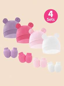 8Pcs Baby Girls Cute Bear Ear Newborn Hat & Mittens Soft Stretchy Baby Gift For Pregnant Girl, Ideal For Hospital & Daily Use 0-6M