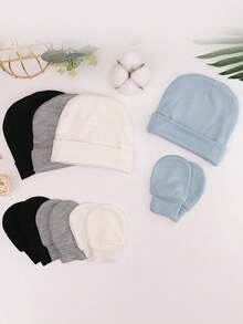 4pcs Newborn Hospital Hat & Scratch Mittens Set, Suitable For 0-3 Months Baby Girls, Essential Infant Hat, Knit Cap And Gloves, Casual Daily Wear