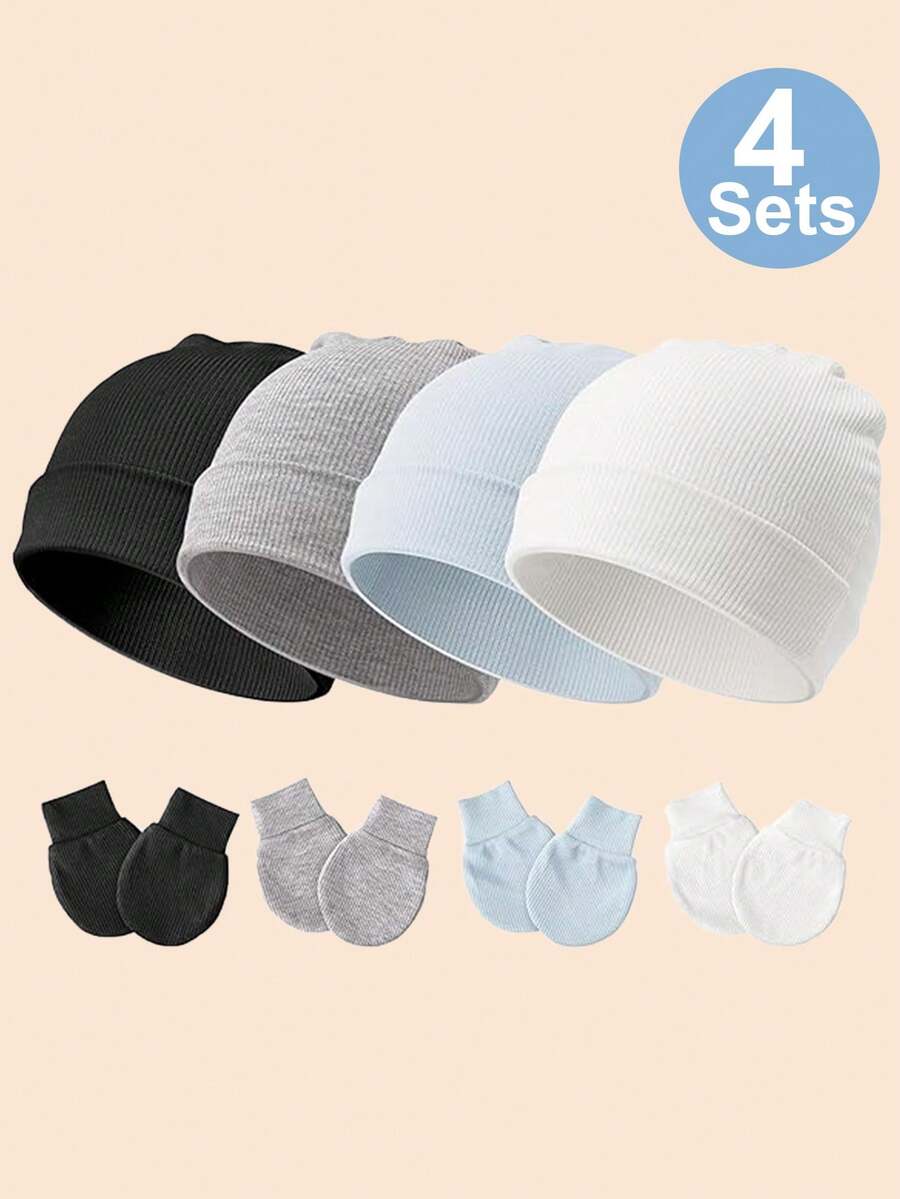 4pcs Newborn Hospital Hat & Scratch Mittens Set, Suitable For 0-3 Months Baby Girls, Essential Infant Hat, Knit Cap And Gloves, Casual Daily Wear