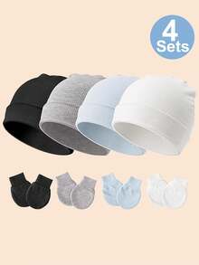 4pcs Newborn Hospital Hat & Scratch Mittens Set, Suitable For 0-3 Months Baby Girls, Essential Infant Hat, Knit Cap And Gloves, Casual Daily Wear