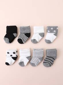 8 Pairs Baby Socks, Solid Color & Striped Mid-Calf Socks, Suitable For Daily Wear