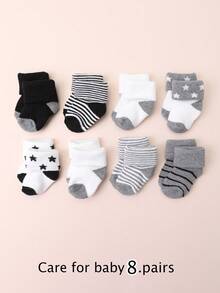 8 Pairs Baby Socks, Solid Color & Striped Mid-Calf Socks, Suitable For Daily Wear