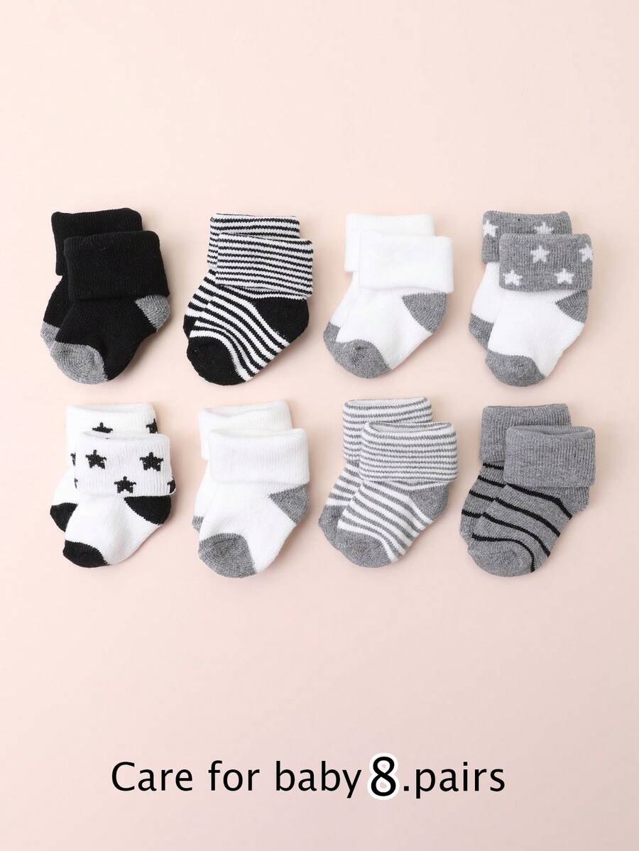 8 Pairs Baby Socks, Solid Color & Striped Mid-Calf Socks, Suitable For Daily Wear