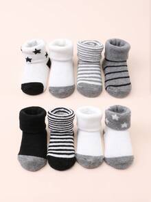 8 Pairs Baby Socks, Solid Color & Striped Mid-Calf Socks, Suitable For Daily Wear