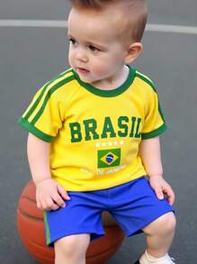 Bubblio 2pcs/Set Baby Boy/Girl Brazil Team Inspired Sports Jersey Outfit - Breathable, Sweat-Wicking Short Sleeve T-Shirt And Shorts Set, Suitable For Indoor, Outdoor, Daily Wear, Sports, Play, Party, Photo Shoot, Vacation, Match - Spring/Summer