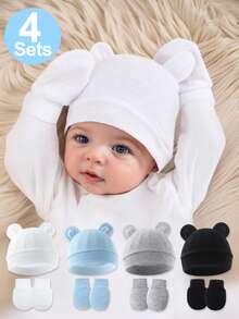4 Sets Baby Bear Ear Hat & Mittens, Soft Skin-Friendly Newborn Gift For Baby Boys Girls 0-6M, Ideal For Hospital & Shower