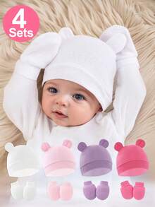 8Pcs Baby Girls Cute Bear Ear Newborn Hat & Mittens Soft Stretchy Baby Gift For Pregnant Girl, Ideal For Hospital & Daily Use 0-6M