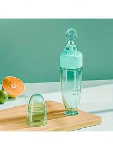 New 90ml/3OZ Colorful Silicone Baby Bottle, Porridge Bottle With Soft Silicone Feeding Spoon, Suction Cup And Dust Cover, Soft Squeeze Feeding Bottle