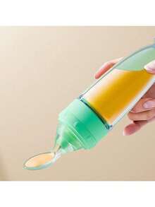 New 90ml/3OZ Colorful Silicone Baby Bottle, Porridge Bottle With Soft Silicone Feeding Spoon, Suction Cup And Dust Cover, Soft Squeeze Feeding Bottle