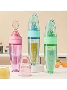 New 90ml/3OZ Colorful Silicone Baby Bottle, Porridge Bottle With Soft Silicone Feeding Spoon, Suction Cup And Dust Cover, Soft Squeeze Feeding Bottle
