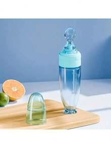 New 90ml/3OZ Colorful Silicone Baby Bottle, Porridge Bottle With Soft Silicone Feeding Spoon, Suction Cup And Dust Cover, Soft Squeeze Feeding Bottle