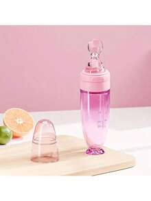 New 90ml/3OZ Colorful Silicone Baby Bottle, Porridge Bottle With Soft Silicone Feeding Spoon, Suction Cup And Dust Cover, Soft Squeeze Feeding Bottle