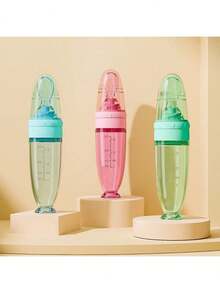 New 90ml/3OZ Colorful Silicone Baby Bottle, Porridge Bottle With Soft Silicone Feeding Spoon, Suction Cup And Dust Cover, Soft Squeeze Feeding Bottle