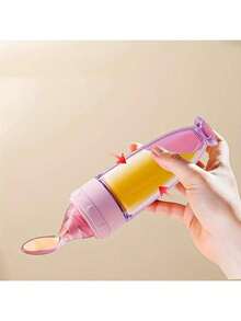 New 90ml/3OZ Colorful Silicone Baby Bottle, Porridge Bottle With Soft Silicone Feeding Spoon, Suction Cup And Dust Cover, Soft Squeeze Feeding Bottle