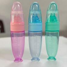 New 90ml/3OZ Colorful Silicone Baby Bottle, Porridge Bottle With Soft Silicone Feeding Spoon, Suction Cup And Dust Cover, Soft Squeeze Feeding Bottle