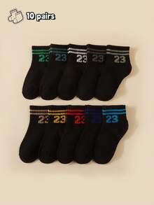 10 Pairs Kids Numerical & Bar Pattern Socks, Breathable Solid Color School Socks For Toddlers
