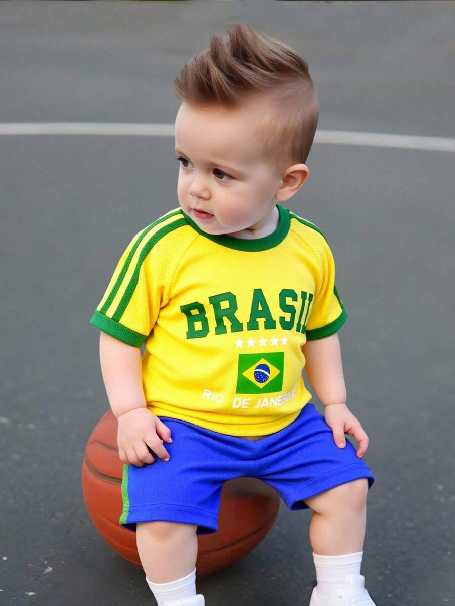 Bubblio 2pcs/Set Baby Boy/Girl Brazil Team Inspired Sports Jersey Outfit - Breathable, Sweat-Wicking Short Sleeve T-Shirt And Shorts Set, Suitable For Indoor, Outdoor, Daily Wear, Sports, Play, Party, Photo Shoot, Vacation, Match - Spring/Summer