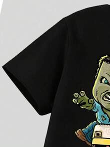 Young Boy Cartoon Print Round Neck Short Sleeve Top And Cargo Pants Set
