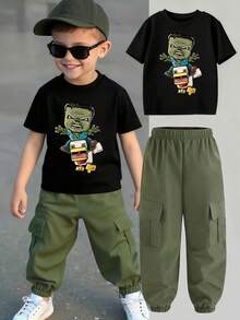 Young Boy Cartoon Print Round Neck Short Sleeve Top And Cargo Pants Set