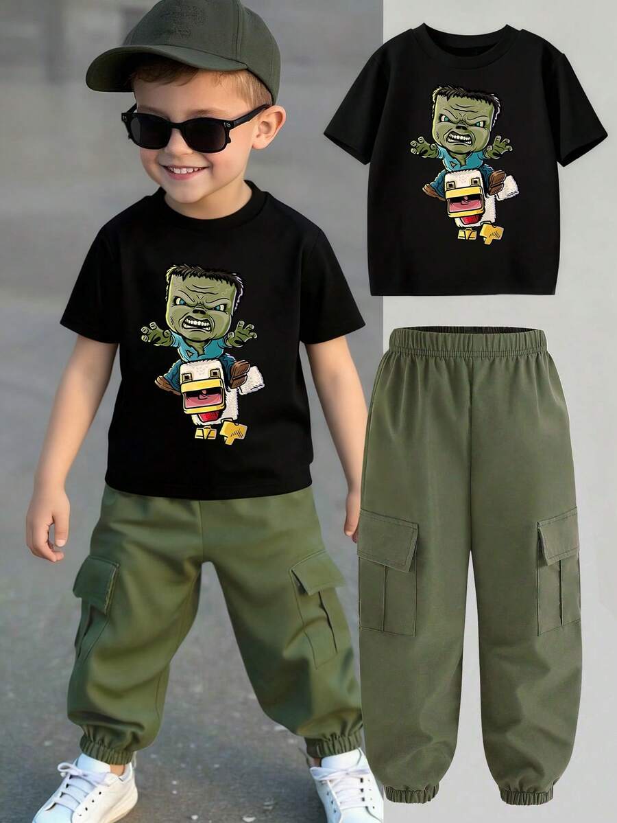 Young Boy Cartoon Print Round Neck Short Sleeve Top And Cargo Pants Set