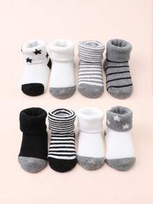8 Pairs Baby Socks, Solid Color & Striped Mid-Calf Socks, Suitable For Daily Wear