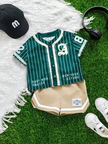Bubblio 2pcs/Set Unisex Baby Boy/Girl Green Baseball Jacket Short Sleeve Shirt Knit Top And Shorts Set, Sports Outfit, Spring/Summer Baby Boy Clothes