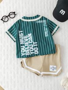 Bubblio 2pcs/Set Unisex Baby Boy/Girl Green Baseball Jacket Short Sleeve Shirt Knit Top And Shorts Set, Sports Outfit, Spring/Summer Baby Boy Clothes