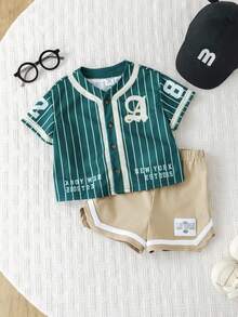 Bubblio 2pcs/Set Unisex Baby Boy/Girl Green Baseball Jacket Short Sleeve Shirt Knit Top And Shorts Set, Sports Outfit, Spring/Summer Baby Boy Clothes
