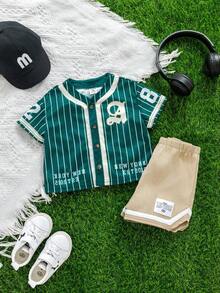 Bubblio 2pcs/Set Unisex Baby Boy/Girl Green Baseball Jacket Short Sleeve Shirt Knit Top And Shorts Set, Sports Outfit, Spring/Summer Baby Boy Clothes