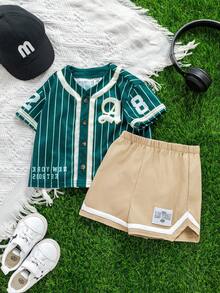 Bubblio 2pcs/Set Unisex Baby Boy/Girl Green Baseball Jacket Short Sleeve Shirt Knit Top And Shorts Set, Sports Outfit, Spring/Summer Baby Boy Clothes