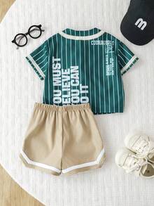 Bubblio 2pcs/Set Unisex Baby Boy/Girl Green Baseball Jacket Short Sleeve Shirt Knit Top And Shorts Set, Sports Outfit, Spring/Summer Baby Boy Clothes