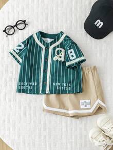 Bubblio 2pcs/Set Unisex Baby Boy/Girl Green Baseball Jacket Short Sleeve Shirt Knit Top And Shorts Set, Sports Outfit, Spring/Summer Baby Boy Clothes