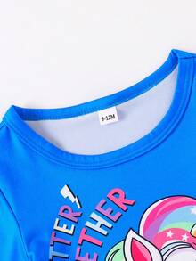Baby Girl Fashionable Cute Unicorn Print Short Sleeve T-Shirt And Pants Set, Spring/Summer/Autumn